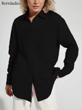 Bornladies 2025 Women's Spring Summer 100% Cotton Shirts Office Lady  Fashionable Solid Lady Long Sleeve Loose Tops Crepe Shirts