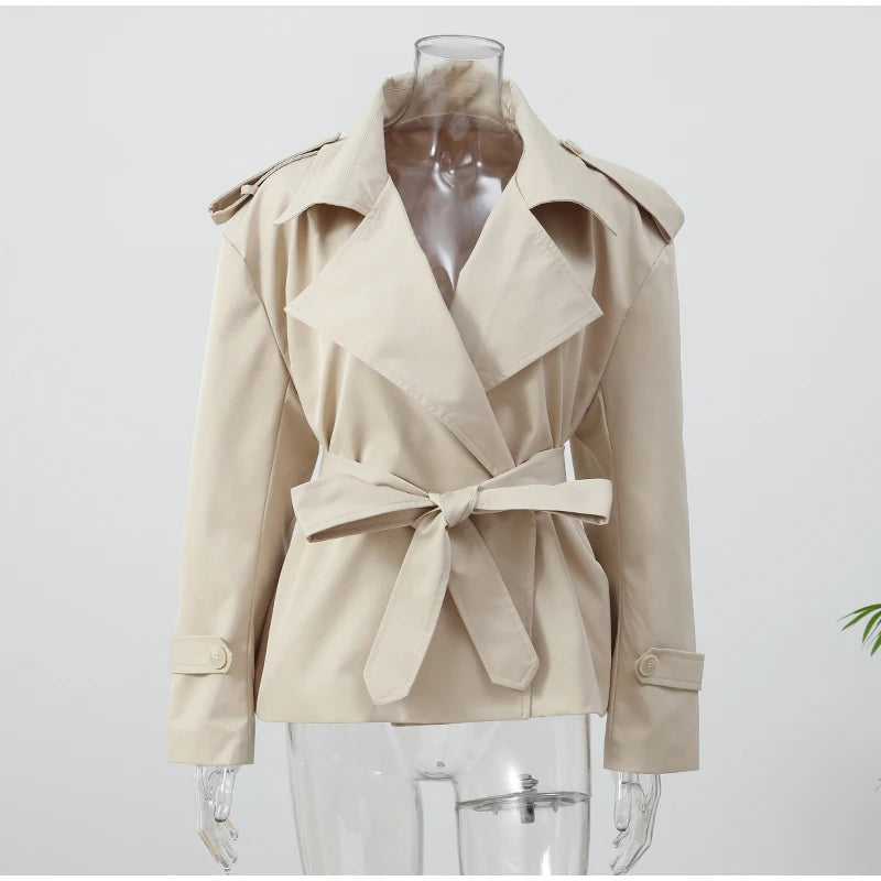 Solid Lapel Lace Up Trench Coat Women Fashion Full Sleeve Waist Cinching Short Windbreak New Autumn Office Commute Outwear 2026