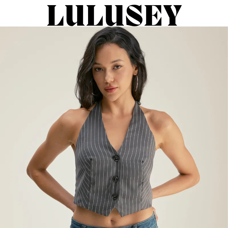 2025 Summer Women’s Adjustable Bow Back Vest | Striped Suit Waistcoat for Office Casual Daily - Deep V Neck Grey Street Chic