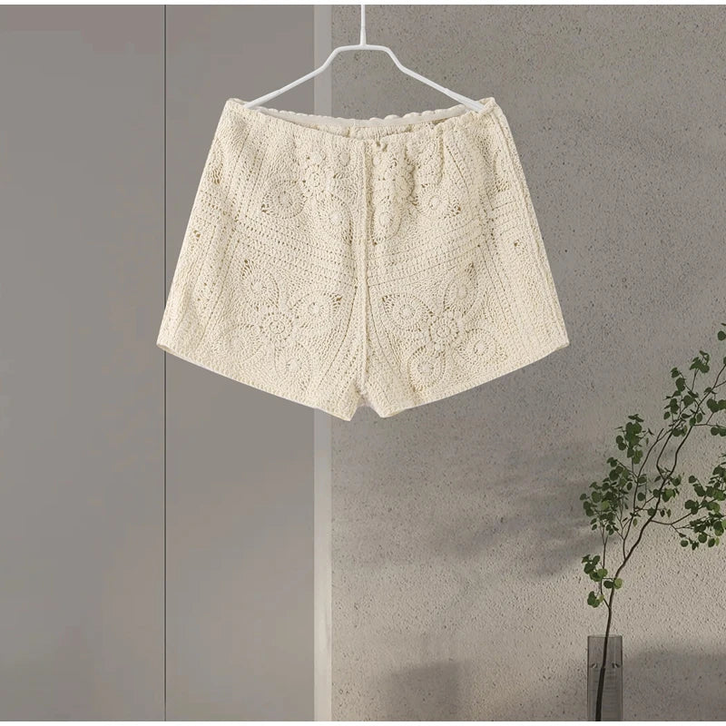 Sweater Crochet Tops Shorts Women Set Lapel Single Breasted Short Top Crochet Flower Hollow Out Shorts Casual Loose Woman Suits