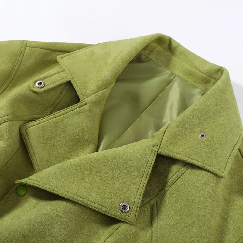 Street Women's Faux Suede Belt Lace Up Jacket Loose Green Lapel Button Full Sleeve Coats 2026 Spring Summer Lady Casual Outwear