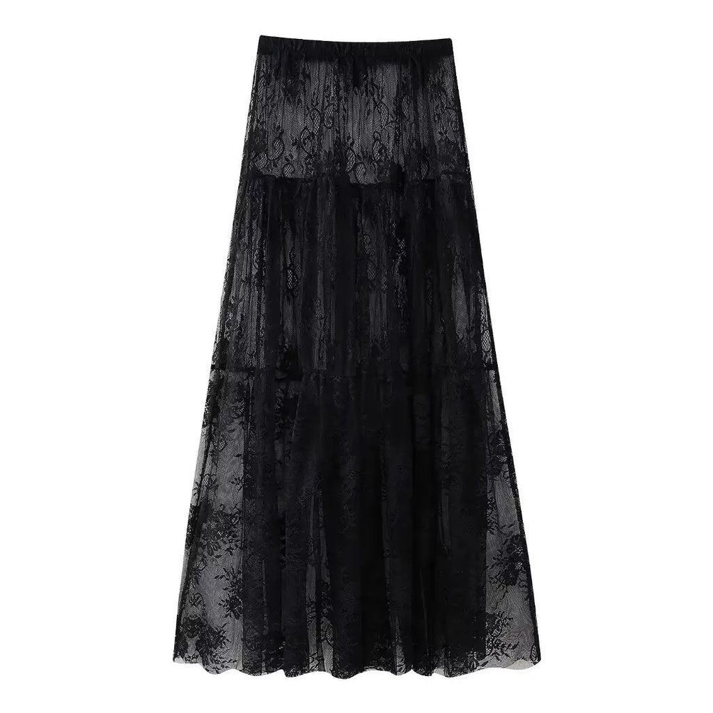 Black Lace Mesh Skirt Women's High Waist Midi Skirt Tulle Long Skirt Women's Translucent Party Women's Sexy Skirt 2024
