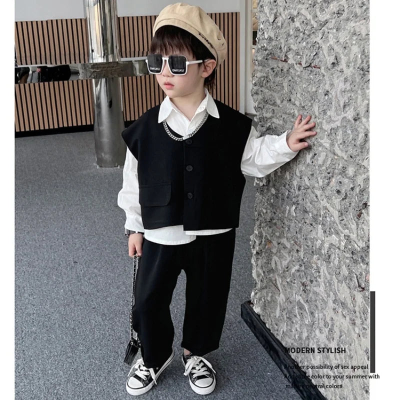2026 Children Sets Shirts Turn-down Collar Vest Single Breasted Pants Ankle Length Loose Solid Soft Simple Casual Autumn Boys