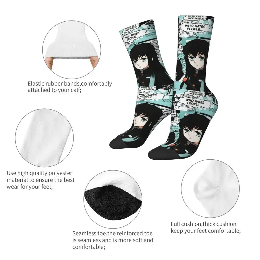 Custom Giyuu Tomioka Demon Slayer Men Women Crew Socks Unisex Kawaii Kimetsu No Yaiba Spring Summer Autumn Winter Dress Socks