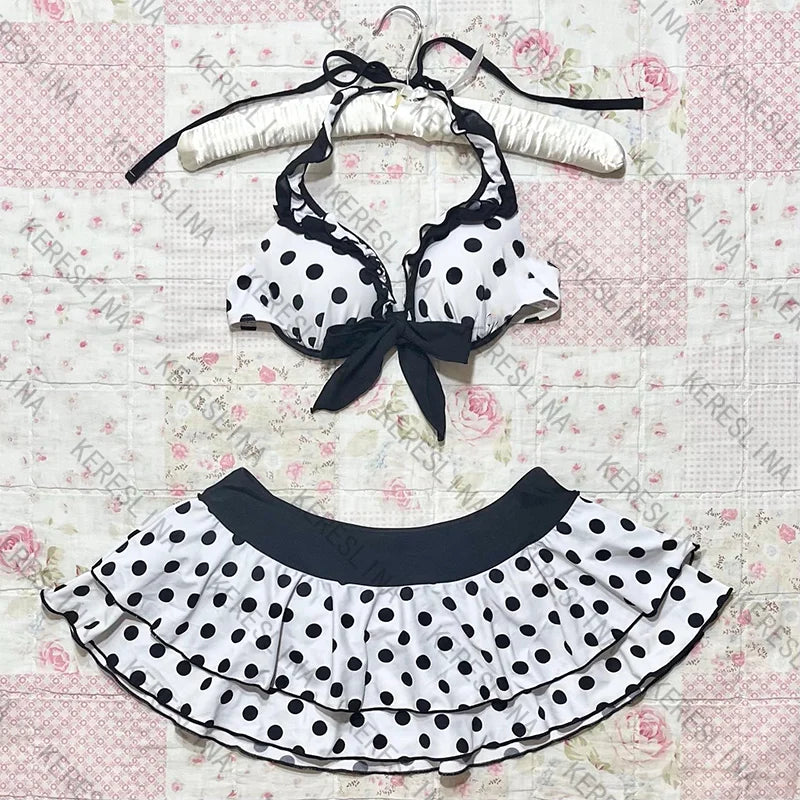 Women's bikini set cute retro casual streetwear Y2K Harajuku aesthetic hip-hop summer sweet polka dot slim Kawaii women's skirt