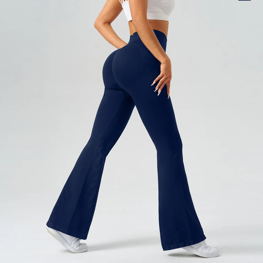 Flared Yoga Pants Women High Waist Bell Bottom Leggings Seamless Trousers w/Pockets Retro Gym Fitness Athleisure Wide Leg Pants
