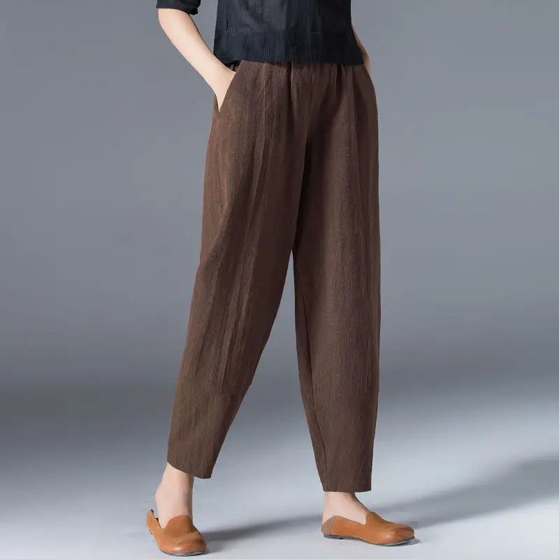 Cotton Wide Leg Pants Female Loose Oversized Solid Color Harem Summer Casual Elastic Waist Ankle-length Pants Women Clothing