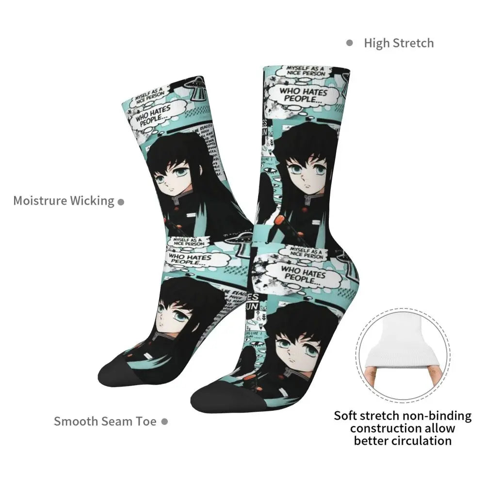 Custom Giyuu Tomioka Demon Slayer Men Women Crew Socks Unisex Kawaii Kimetsu No Yaiba Spring Summer Autumn Winter Dress Socks