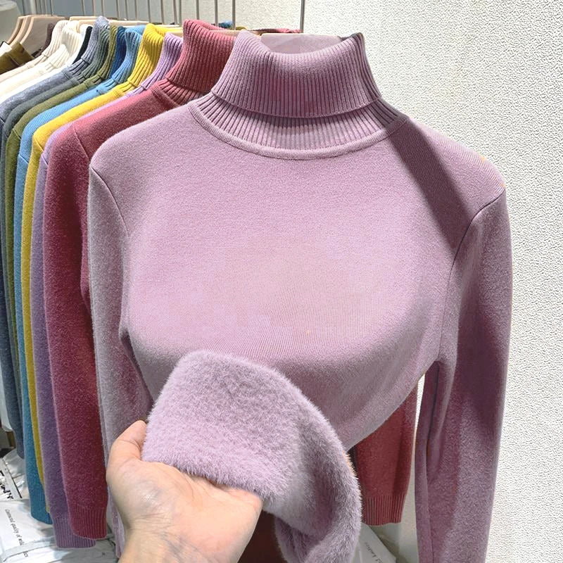 Winter Warm Sweater Pullover Women Slim Thicken Plush Velvet Lined Knitwear Jumper Korean Half Turtleneck Poleras Soft Knit Tops