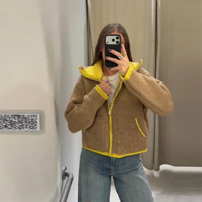 Fashion Contrast Knit Coat Women Stand Collar Zipper Pockets Full Sleeve Jacket 2025 Autumn Lady Elegant Outwear 2026 Spring New