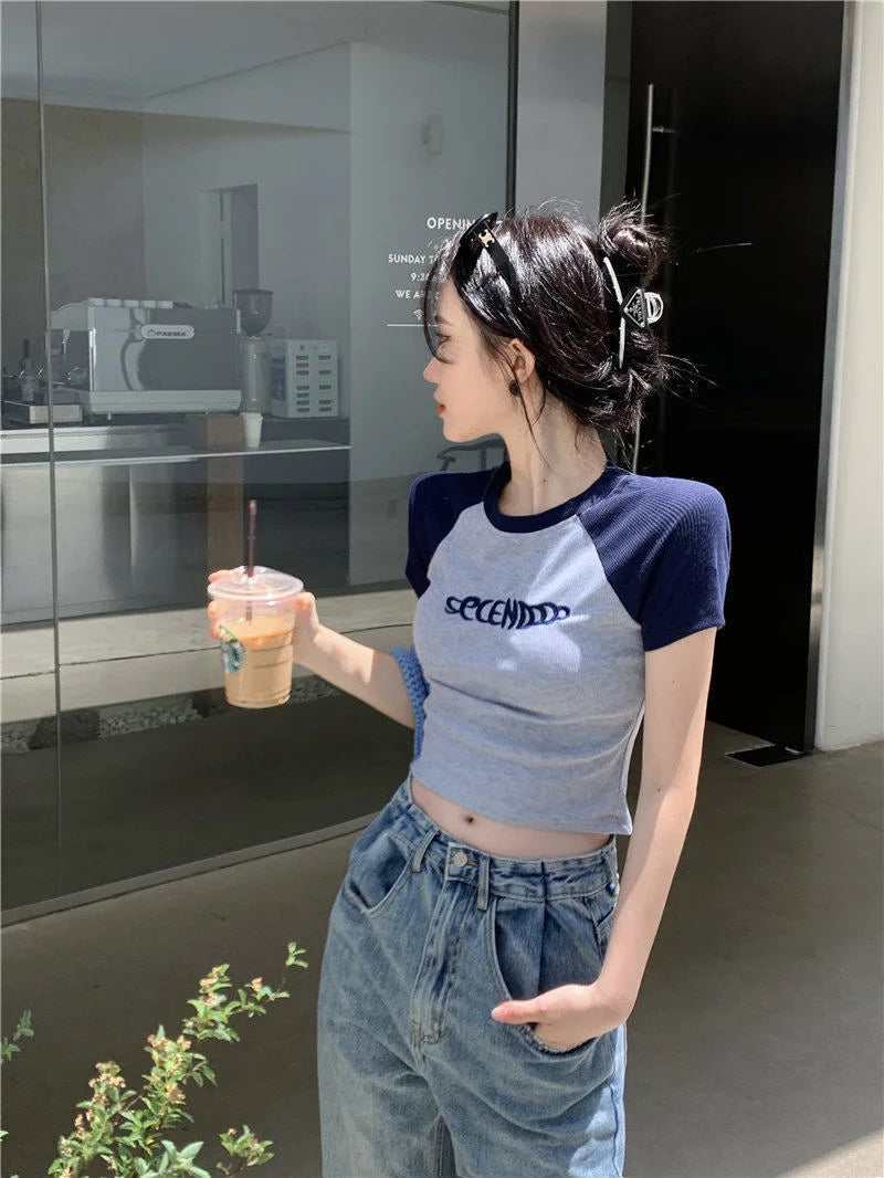 Y2K Women T Shirt Patchwork Letter Slim Fit Crop Tops Streetwear Casual Korean Fashion Short Sleeve Tshirts Bae Female Tees
