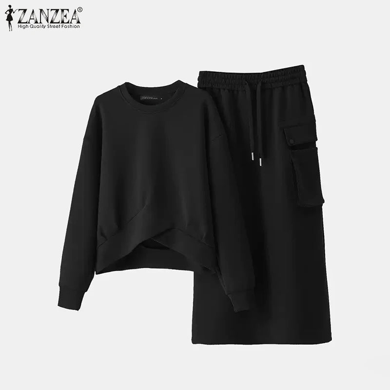 2026 ZANZEA 2PCS Autumn Winter Sweatshirts Dress Sets Women Long Sleeve Hoodies Tops Sundress OL Matching Sets Spring Outfits