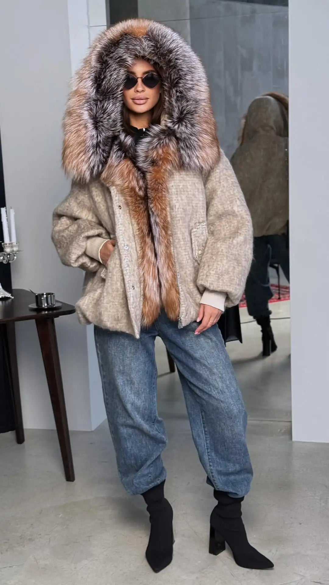 Vintage Faux Fur Woolen Jacket Women Fashion Thicken Hooded Pocket Lantern Sleeve Elastic Waist Coat 2026 Female Daily Outwear