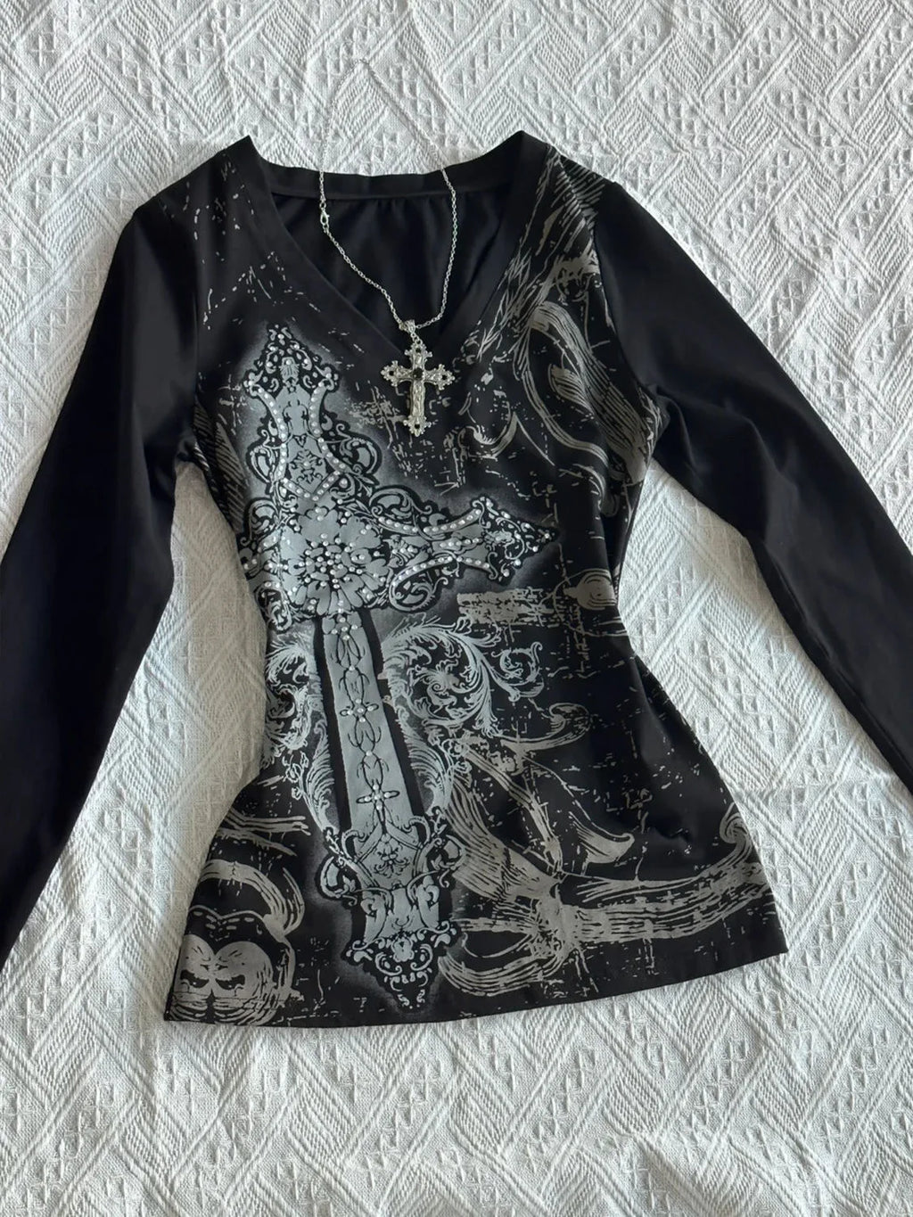 V-Neck Slim and Versatile Punk Full Printed Long-sleeves Europe and America Fashionable Tops for Women's Y2k Sweatshirts
