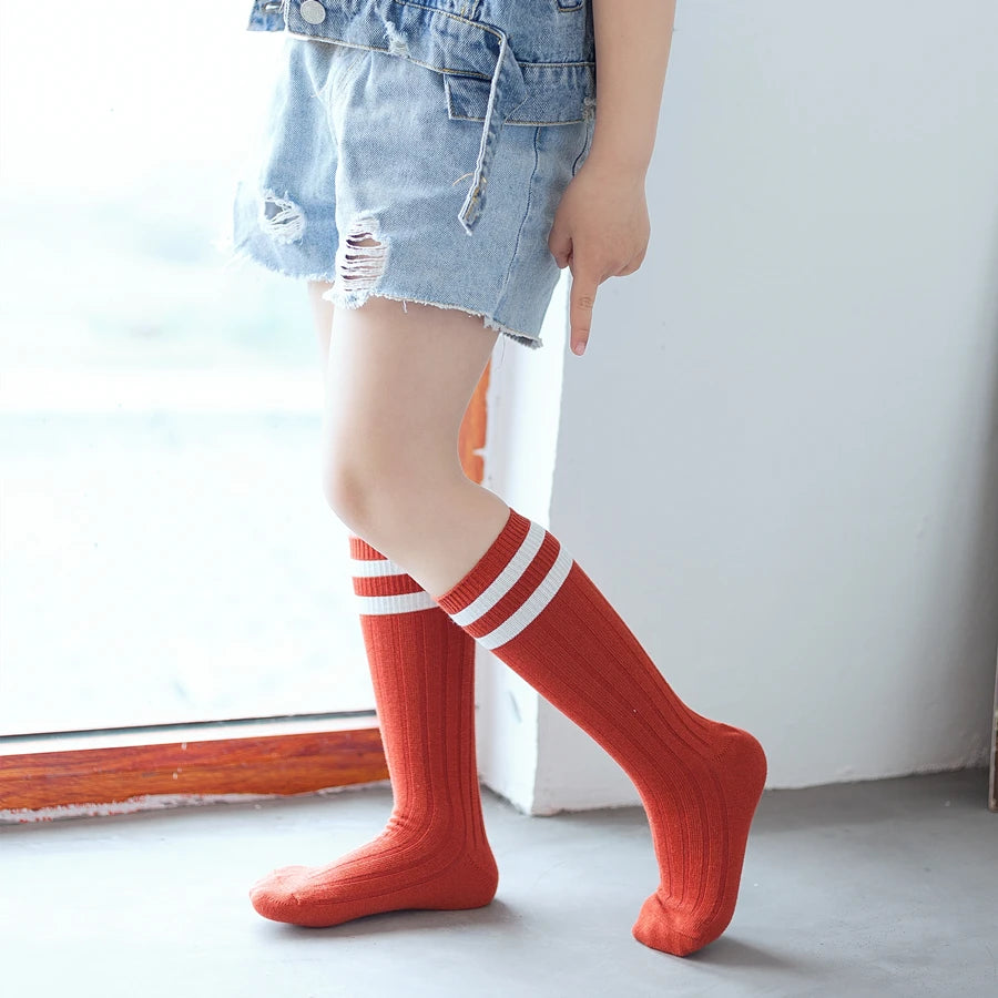 1 Pairs Kids Knee High Long Socks Autumn Winter Warmth Soft Cotton Children School Stocking Black White Stripes Sports Socks