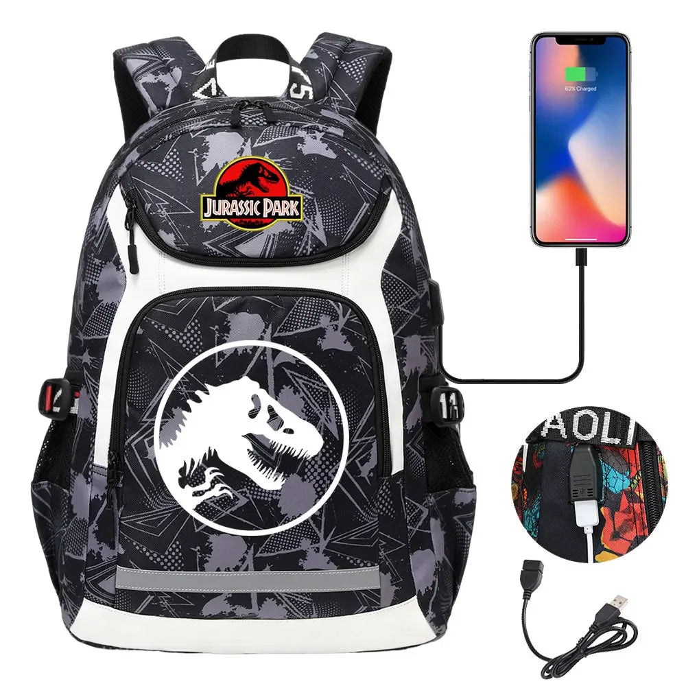 Jurassic World Park Dinosaur Girls Boys Kids School Book Bags USB Teenagers Schoolbags Women Men Laptop Travel Backpack