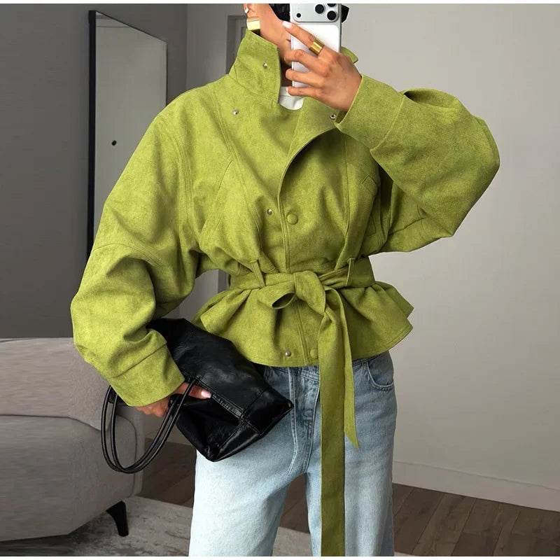 Street Women's Faux Suede Belt Lace Up Jacket Loose Green Lapel Button Full Sleeve Coats 2026 Spring Summer Lady Casual Outwear
