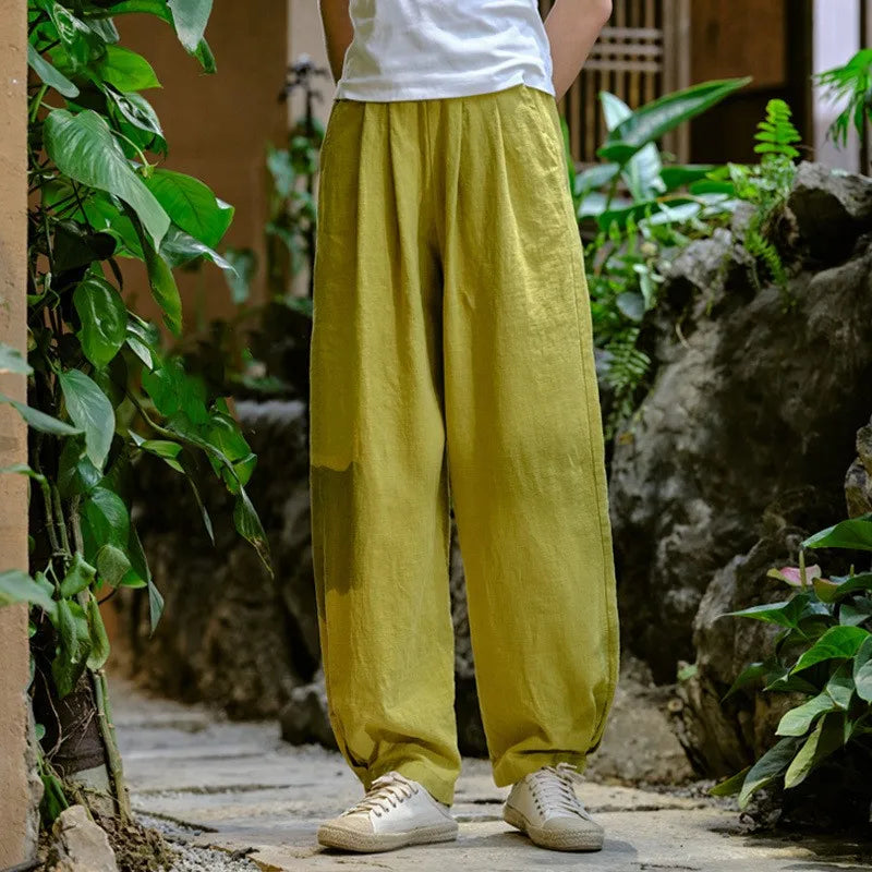Johnature Women Vintage Solid Color Long Pants Linen Elastic Wasit 2025 Spring New Trouser Pockets Loose Women Straight Pants