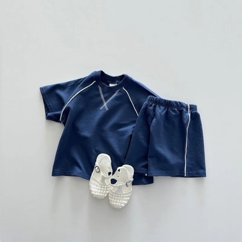 Korean Style Newborn Baby Boys Girls Sport Wear Clothing Suit Short Sleeved Cotton Solid Color T-shirt+Shorts Children Tracksuit