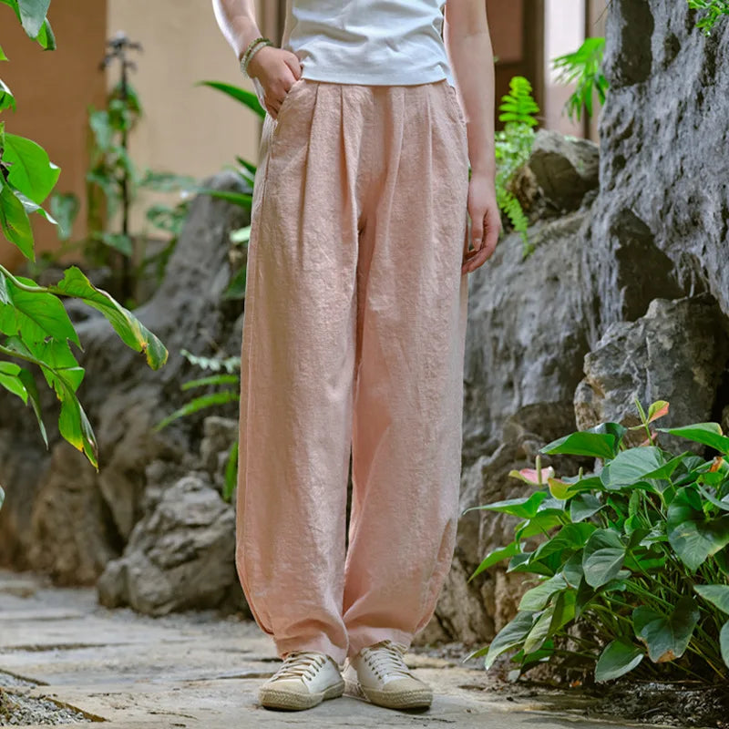 Johnature Women Vintage Solid Color Long Pants Linen Elastic Wasit 2025 Spring New Trouser Pockets Loose Women Straight Pants