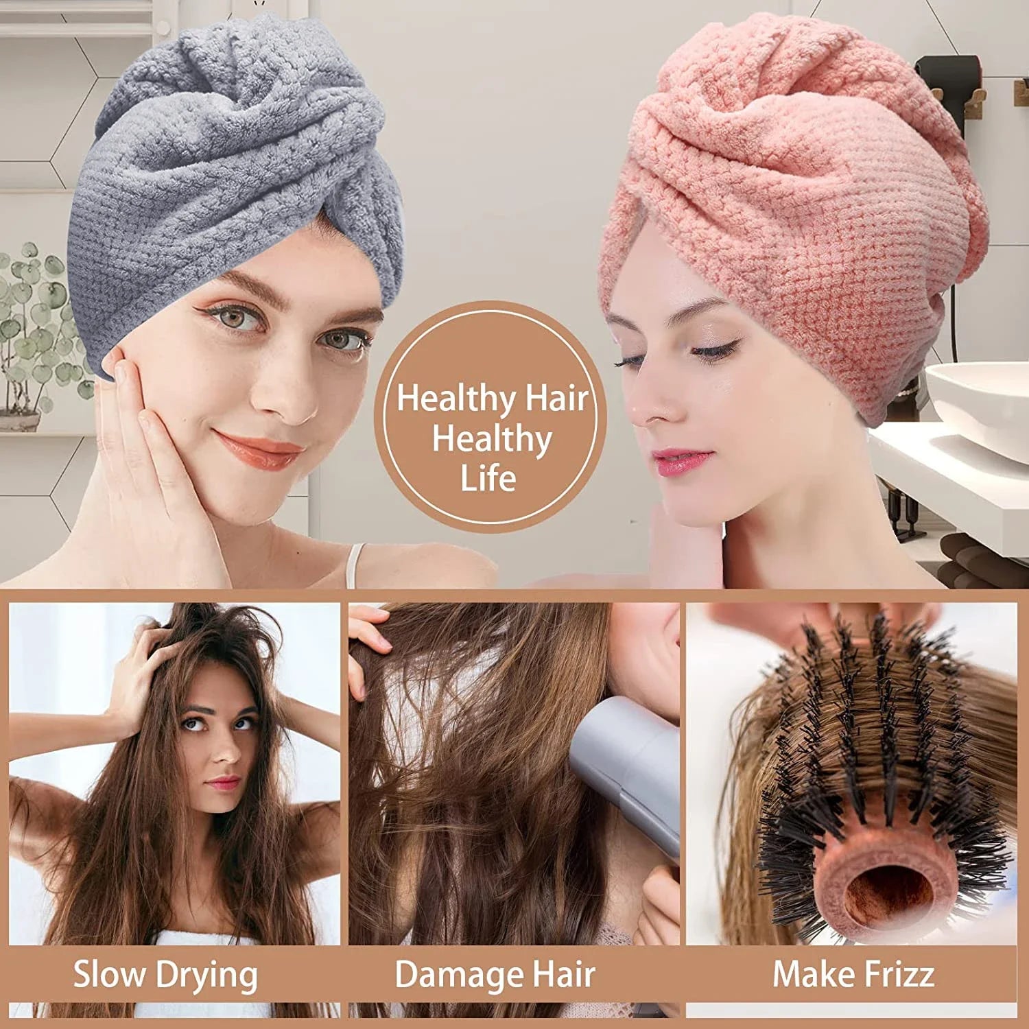 Solid Color Absorbent Hair Towel Wrap 9.8" X 25.5" Textured Dry Hair Cap for Button-Down Women