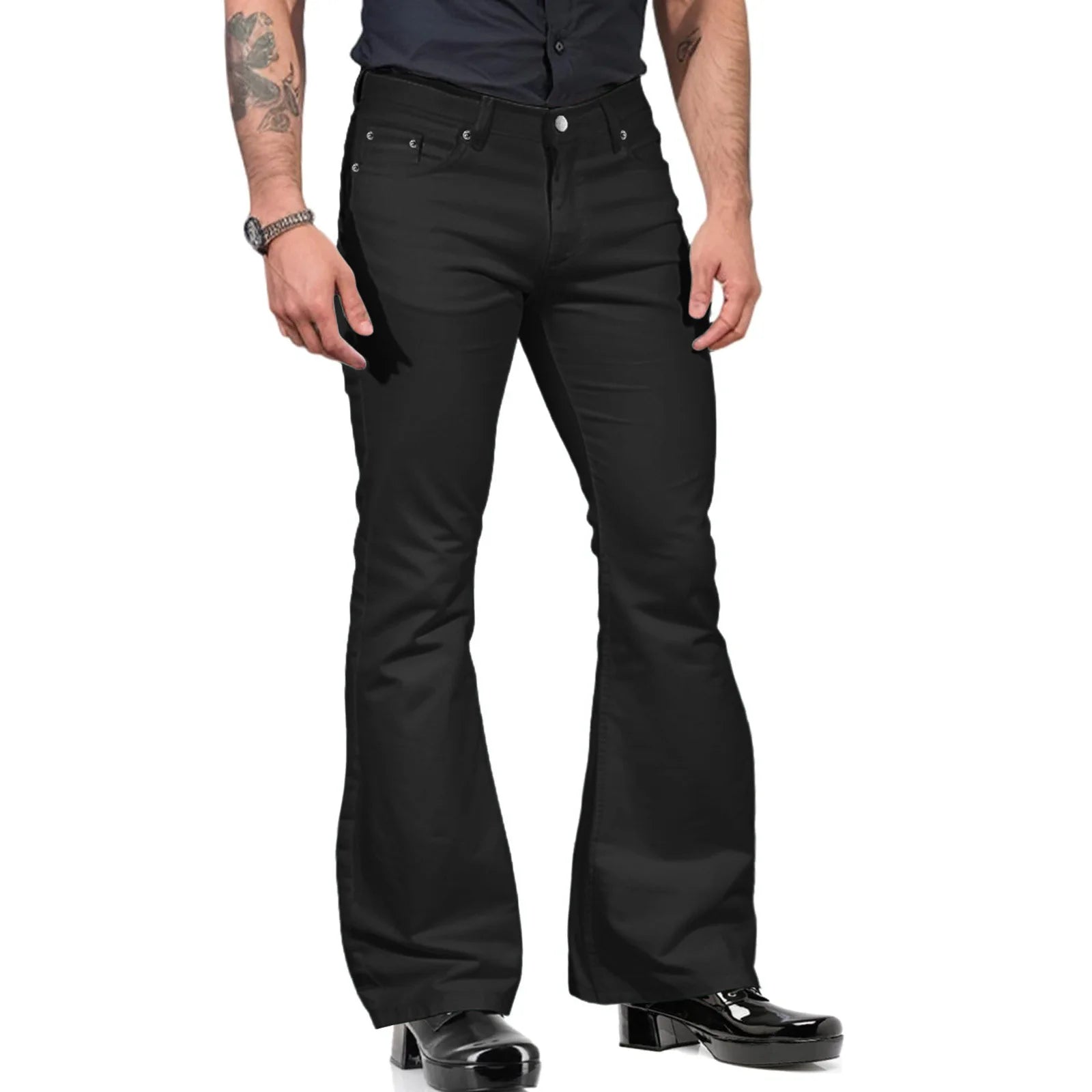 Retro-inspired Flared Pants Men's Vintage Bell Bottom Wide Leg Jeans Solid Color Stretchy Slim Fit Mid-rise for Fashionable