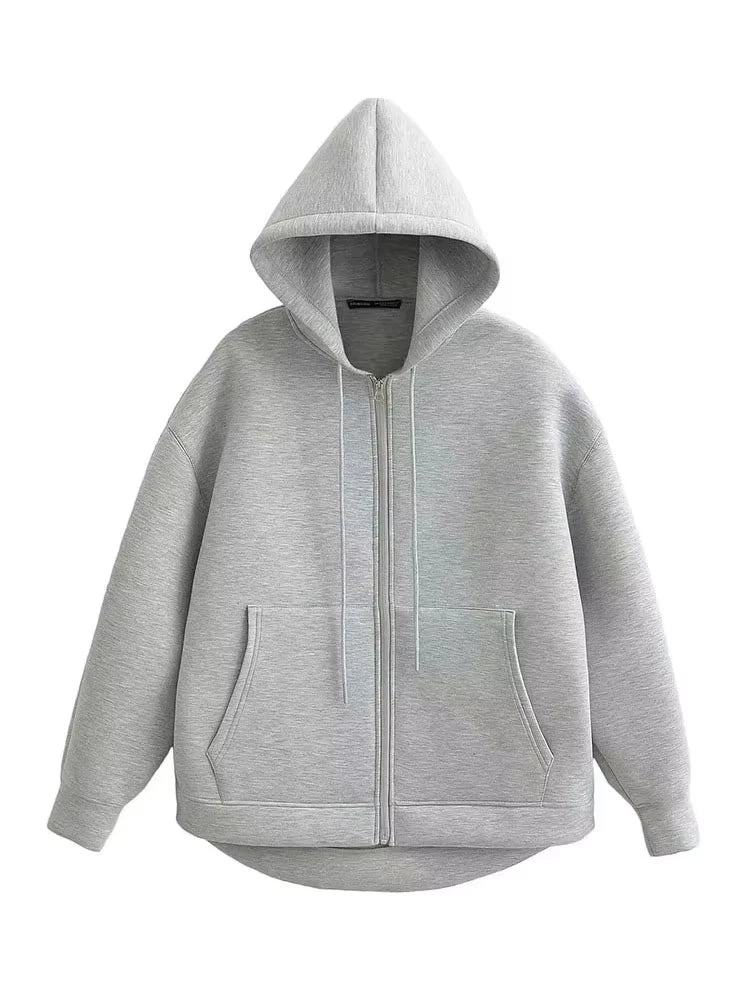 HH Winter New Women's Zipper Hoodie Coat High Street Double Pockets Jakcet Oversize Loose Sweatshirts Outerwear Top