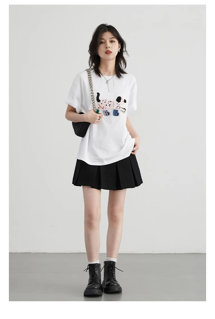 CHIC VEN Women T-Shirts Loose Streetwear Unisex Fun Dog Embroidered Short Sleeve Cotton Girl Tees Female Top Summer 2025