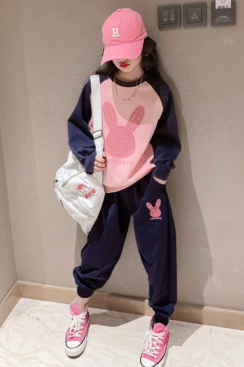 3-13 Years Spring Autumn Girls Clothing Set Cartoon Rabbit Pattern Full Sleeve Top +Pants 2Pcs For Kids