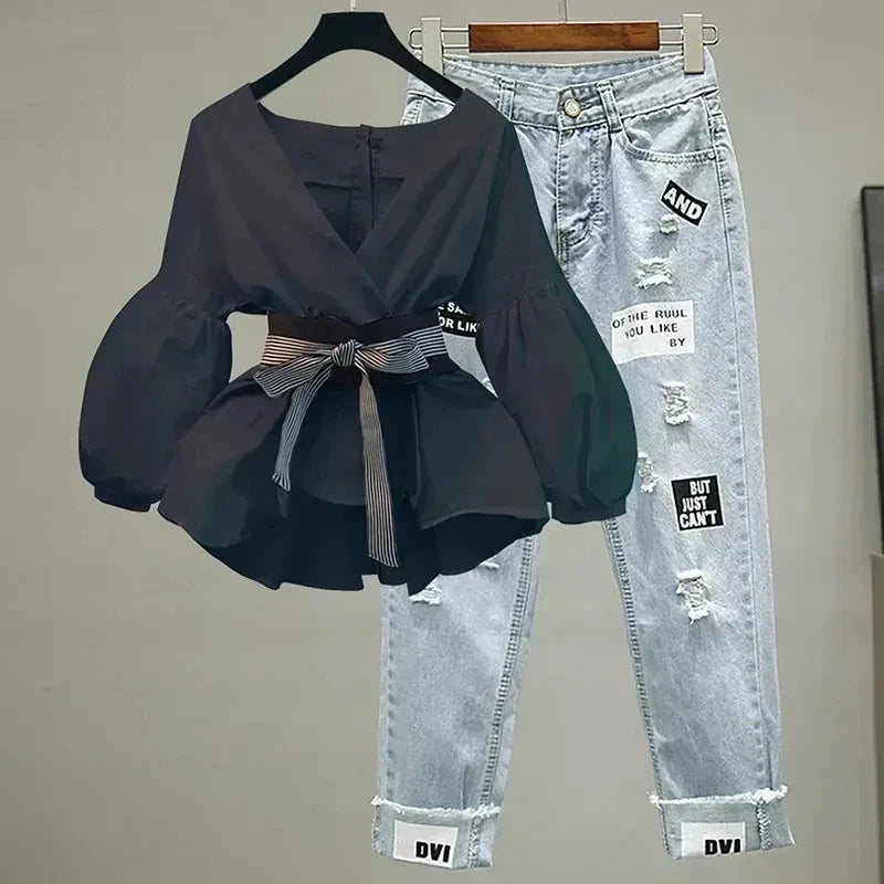 Women Elegant V-Neck Stripe Lantern Sleeve Bow Belt Trend Slim Chiffon Shirt Top And Korean Ripped Jeans Office Lady Casual Suit