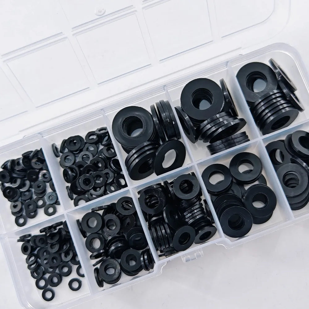350Pcs Black Nylon Flat Gasket Set M2 M2.5 M3 M4 M5 M6 M8 Plastic Nylon Sealing Gasket Sorting Kit