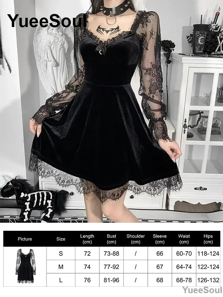 Halloween Gothic Grunge Punk Women Dress Long Sleeve Lace Slim Black Dresses 2026 New Y2K Harajuku Lolita Fairy Core Party Dress