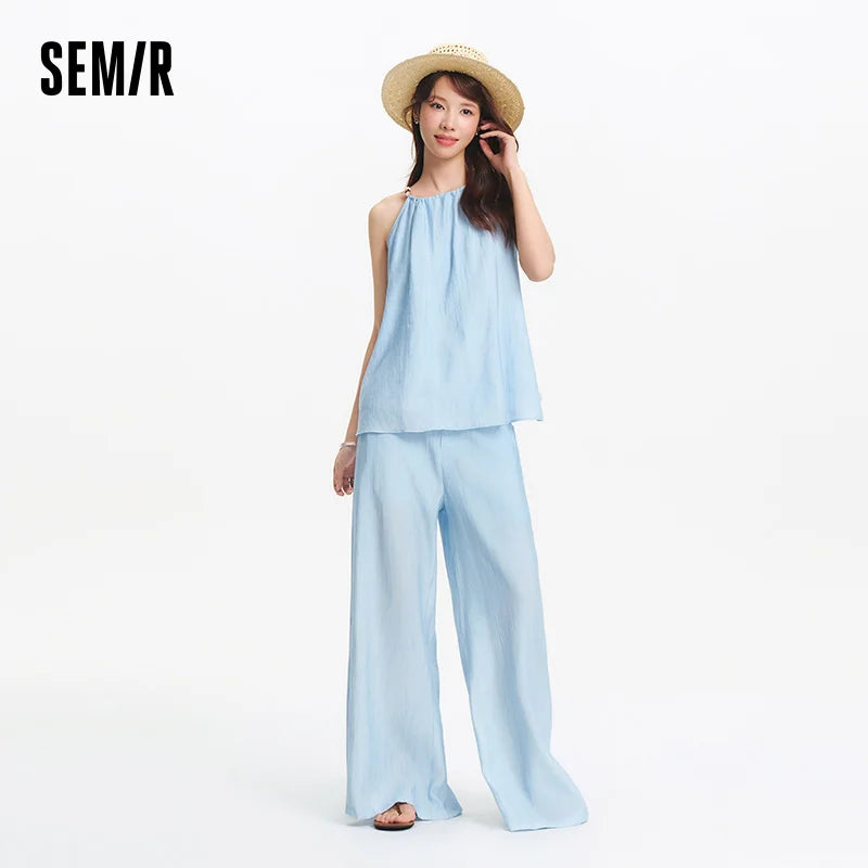 Semir Bowknot Strap Wide Leg Pants Set Women 2025 Summer New Linen Like Textured Two Piece Outfit for Vacation Style