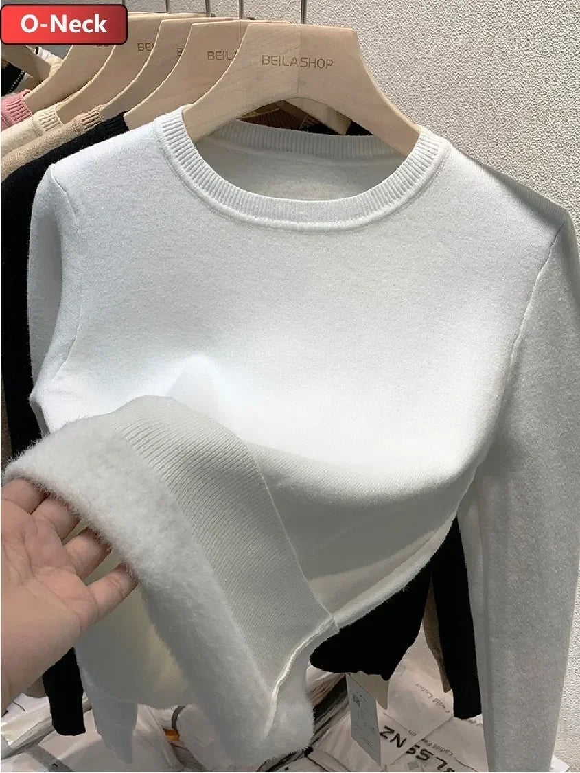 Winter Warm Sweater Pullover Women Slim Thicken Plush Velvet Lined Knitwear Jumper Korean Half Turtleneck Poleras Soft Knit Tops