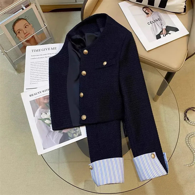 Autumn Winter Ladies Long Sleeves Suit Jacket French Women Round Neck Tops Female Fashion Leisure Splicing Together Blazer Coat