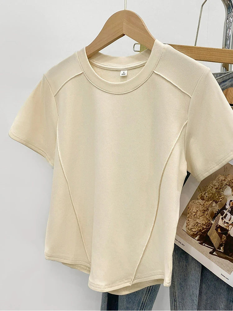 Solid color round-neck short-sleeved slim T-shirt for women 2026 summer and Europe new