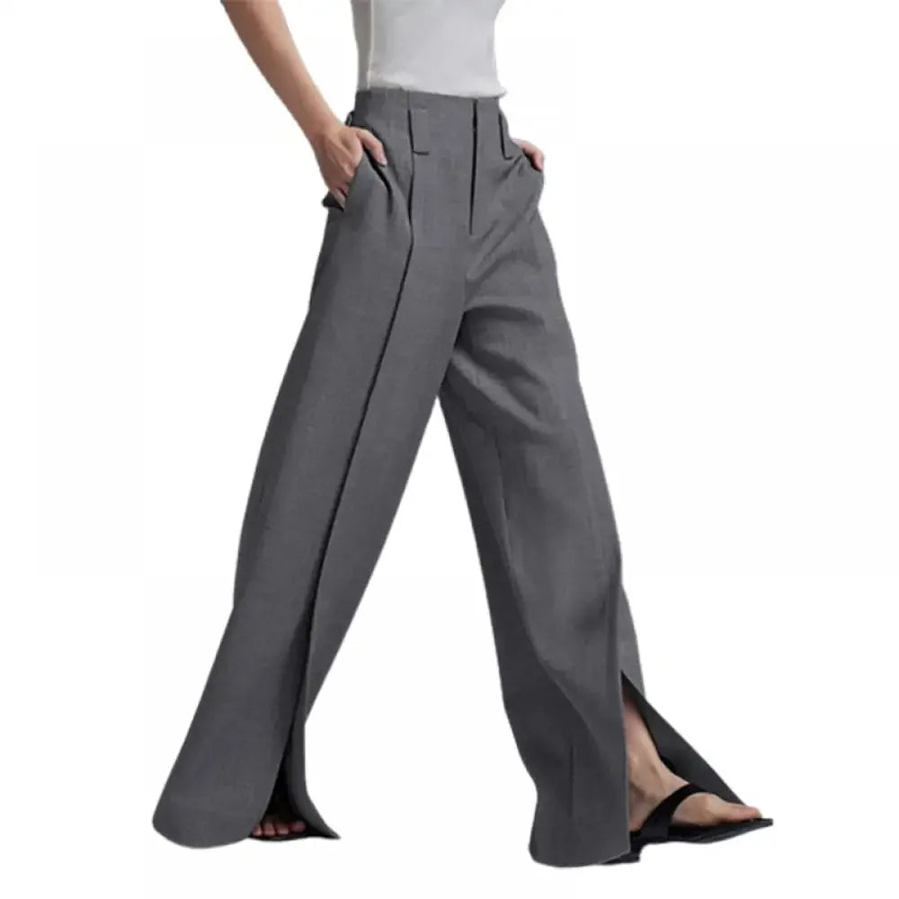 Yeezzi Urban Female Business Suit Pants 2025 New Fashion Black White Loose Straight Pant High-Waist Pleated Split-Front Trousers