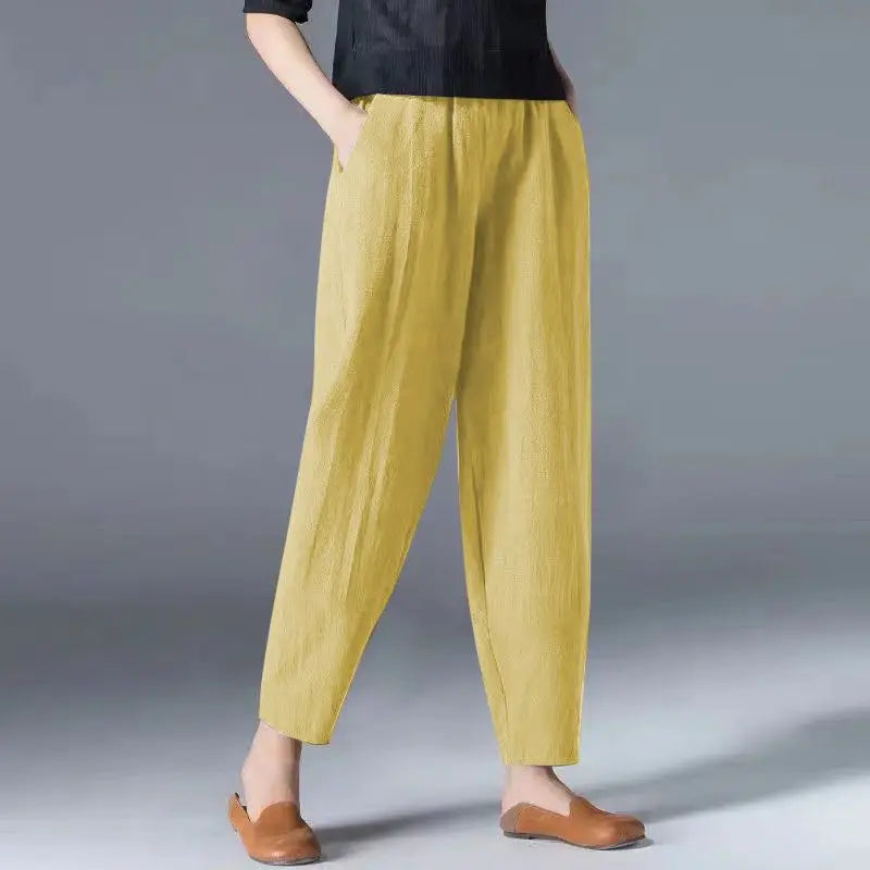 Cotton Wide Leg Pants Female Loose Oversized Solid Color Harem Summer Casual Elastic Waist Ankle-length Pants Women Clothing