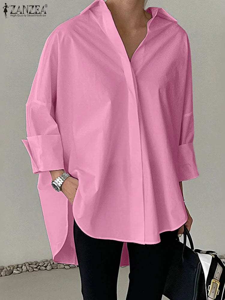 ZANZEA Oversized Women's White Shirts Turn-Down Collar Long Sleeve Button Up High-Low Solid Color Tops 2025 Autumn Streetwear