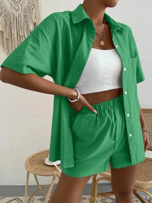 Women's Cotton Suit  Short Sleeve Casual Elegant Green Soild Two Piece Set Women Outfit Suit Shorts and Shirt for Women