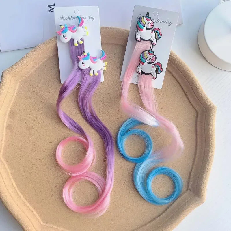 Children Unicorn Colorful Wig Hairpins Hair Accessories Kids Girls Hairclip Fake Hair Twist Braid Headdress Hair Clips Barrettes
