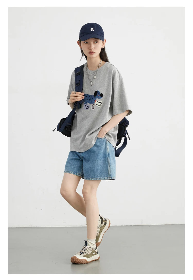CHIC VEN Women T-Shirts Loose Streetwear Unisex Fun Dog Embroidered Short Sleeve Cotton Girl Tees Female Top Summer 2025