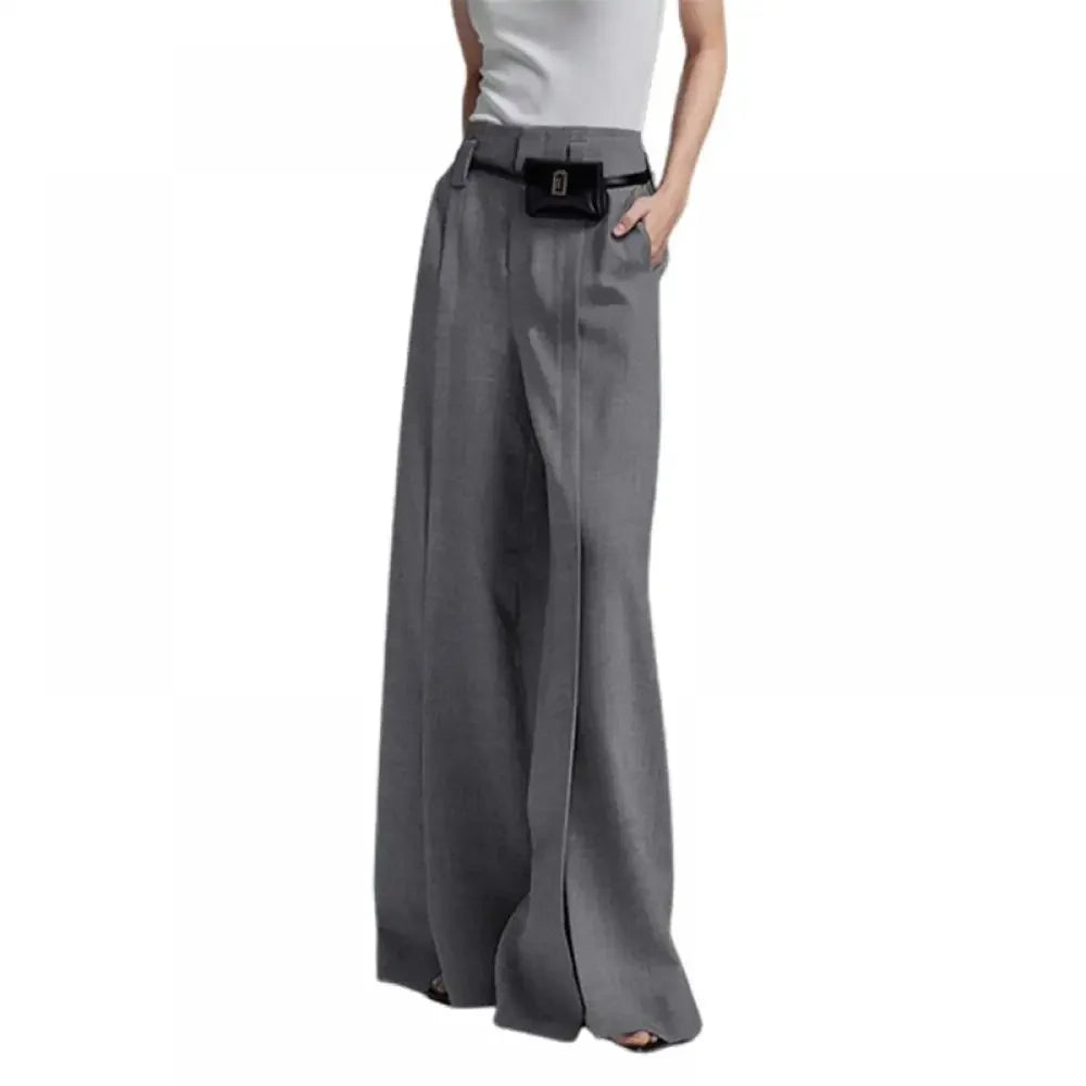 Yeezzi Urban Female Business Suit Pants 2025 New Fashion Black White Loose Straight Pant High-Waist Pleated Split-Front Trousers