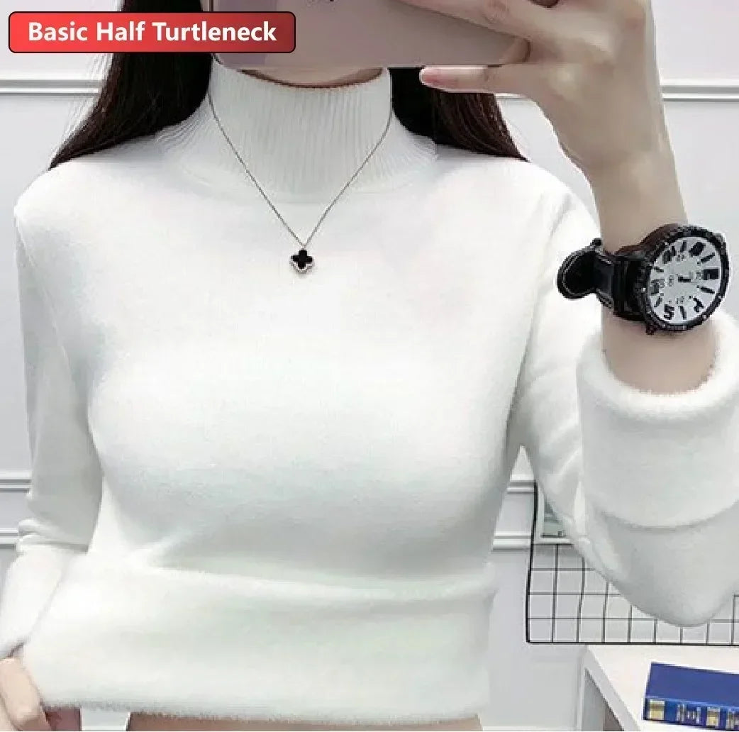 Winter Warm Sweater Pullover Women Slim Thicken Plush Velvet Lined Knitwear Jumper Korean Half Turtleneck Poleras Soft Knit Tops