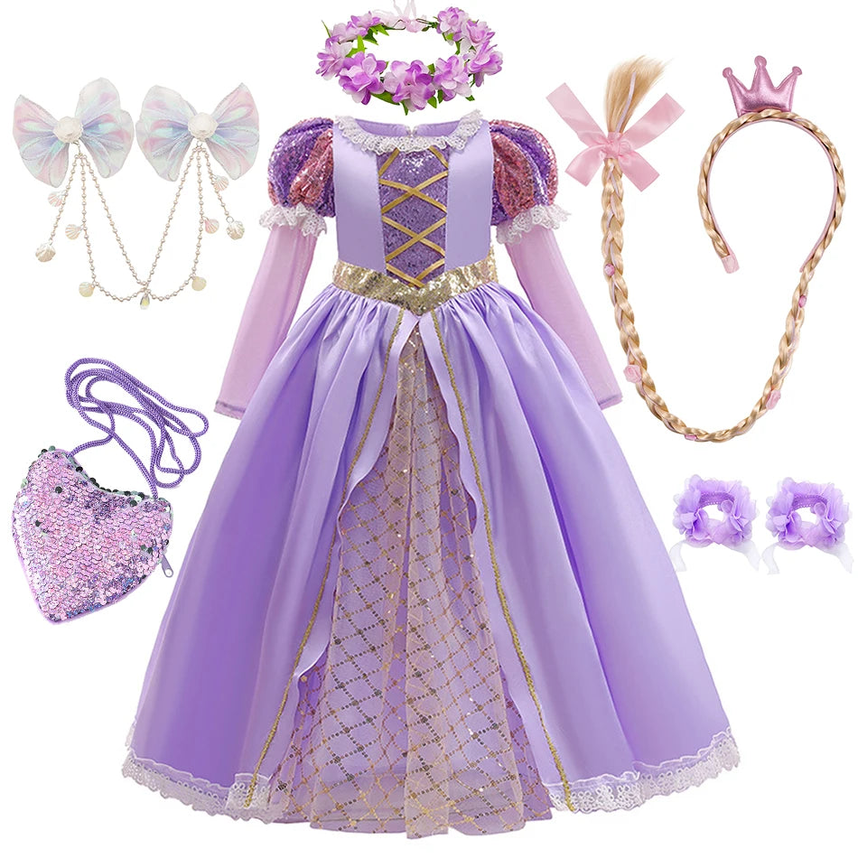 Rapunzel Dress Princess Costume Sets Children Birthday Carnival Halloween Party Fancy Girls Tangled Cosplay Clothes 2-10 Years