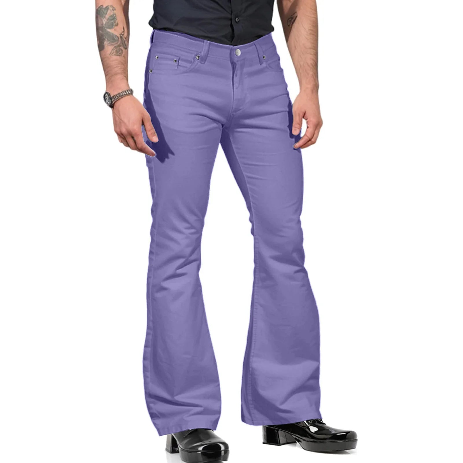 Retro-inspired Flared Pants Men's Vintage Bell Bottom Wide Leg Jeans Solid Color Stretchy Slim Fit Mid-rise for Fashionable