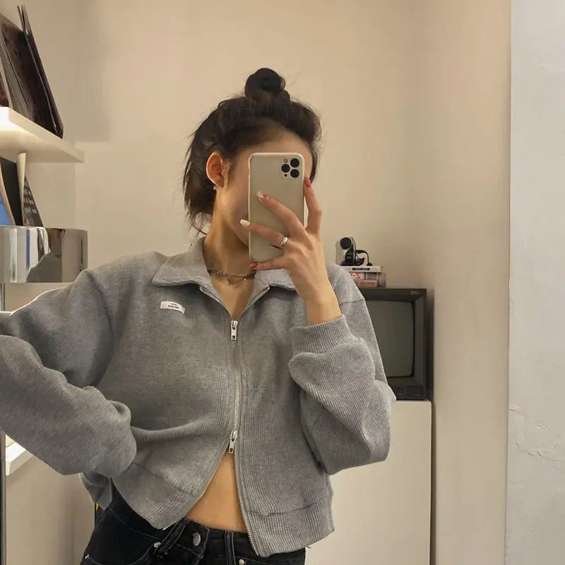 Sweatshirts Woman All-match Solid Zipper Trendy Korean Style Harajuku Ins Retro Autumn Casual Office Ladies Daily New Arrival
