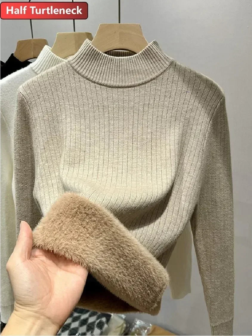Winter Warm Sweater Pullover Women Slim Thicken Plush Velvet Lined Knitwear Jumper Korean Half Turtleneck Poleras Soft Knit Tops