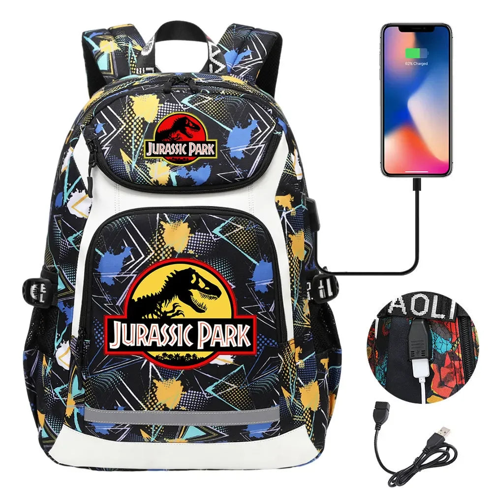 Jurassic World Park Dinosaur Girls Boys Kids School Book Bags USB Teenagers Schoolbags Women Men Laptop Travel Backpack