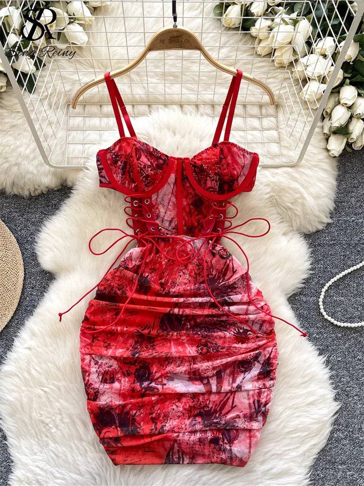 SINGREINY Summer Short Strap Dress Ladies Strapless Lace Up Hollow Out Design Pleated Slim Fit Print Sexy Clubwear Bodycon Dress